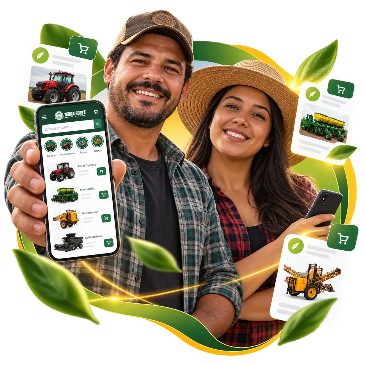 Casal do agro usando um catálogo digital para encontrar produtos e máquinas